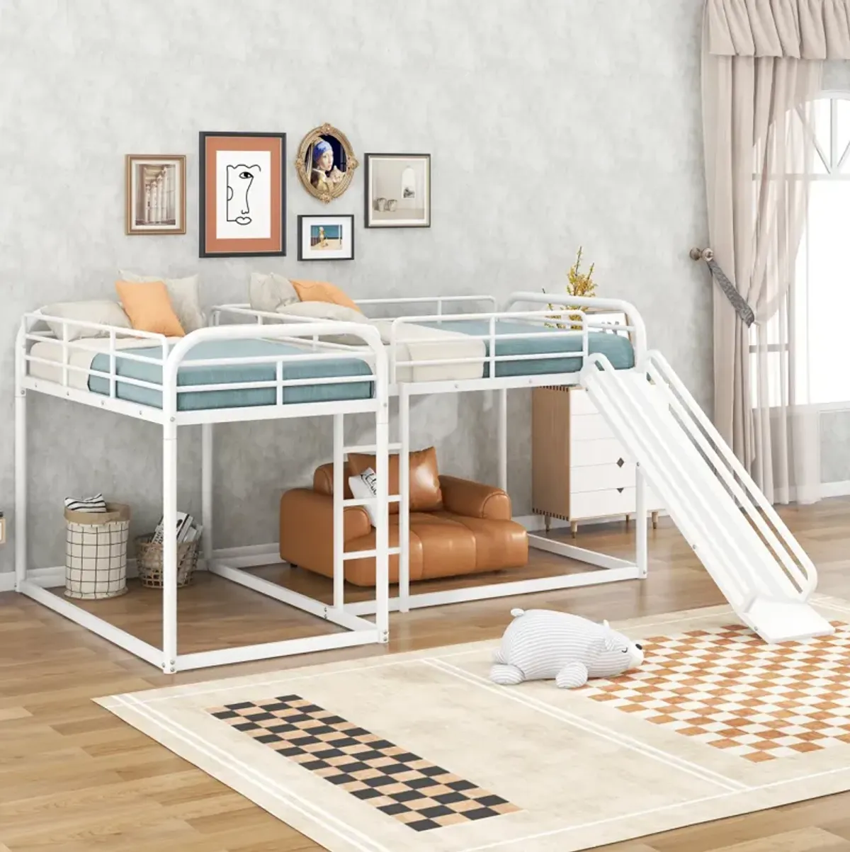 Full And Twin Size L-Shaped Bunk Bed With Slide And Short Ladder