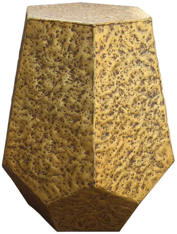 21 Inch Handcrafted Hexagonal Accent Metal End Table with Engraved Details, Aluminum, Antique Brass-Benzara