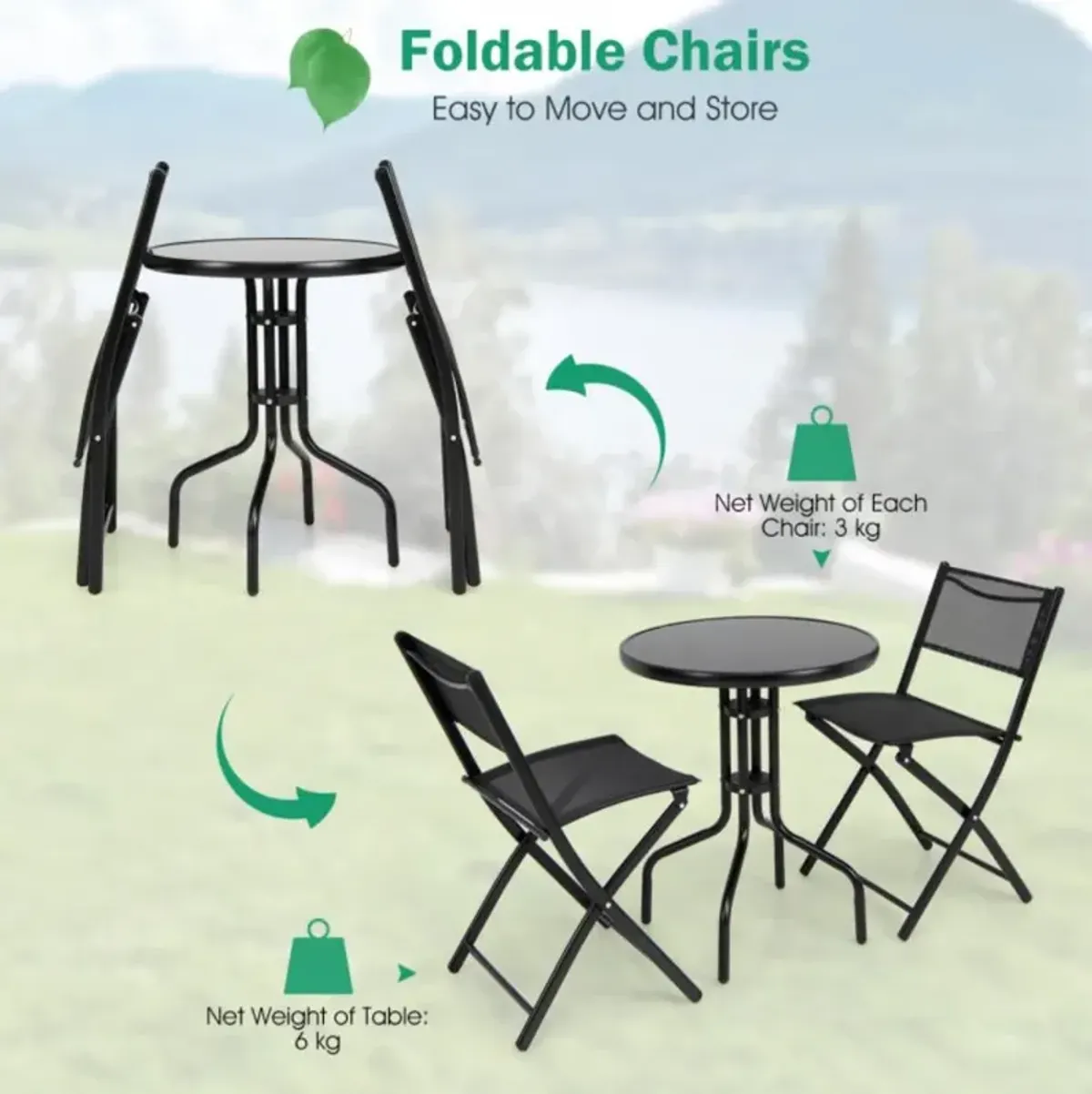 Hivvago 3 Pieces Folding Bistro Table Chairs Set for Indoor and Outdoor