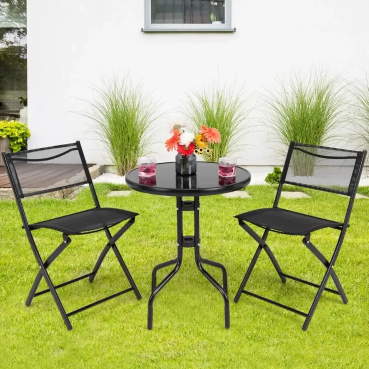 Hivvago 3 Pieces Folding Bistro Table Chairs Set for Indoor and Outdoor