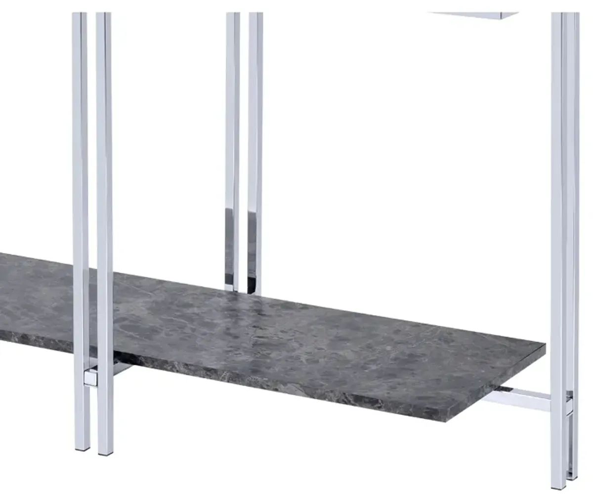 Glass Top Metal Sofa Table with Marble Bottom shelf, Silver and Clear-Benzara