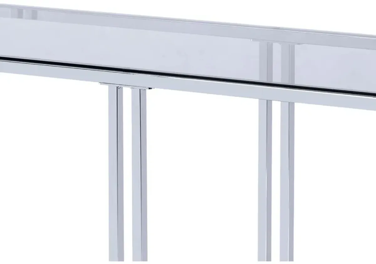 Glass Top Metal Sofa Table with Marble Bottom shelf, Silver and Clear-Benzara