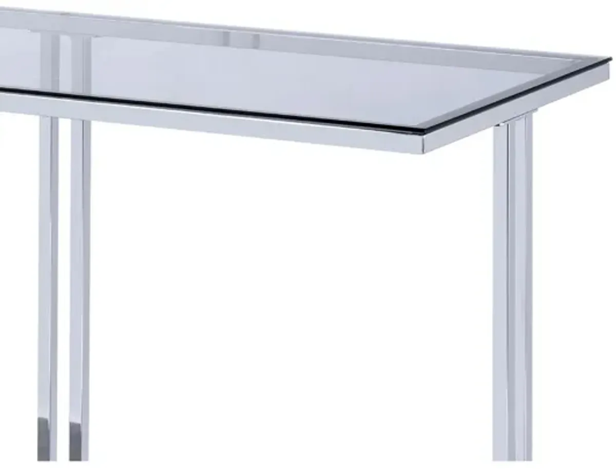 Glass Top Metal Sofa Table with Marble Bottom shelf, Silver and Clear-Benzara