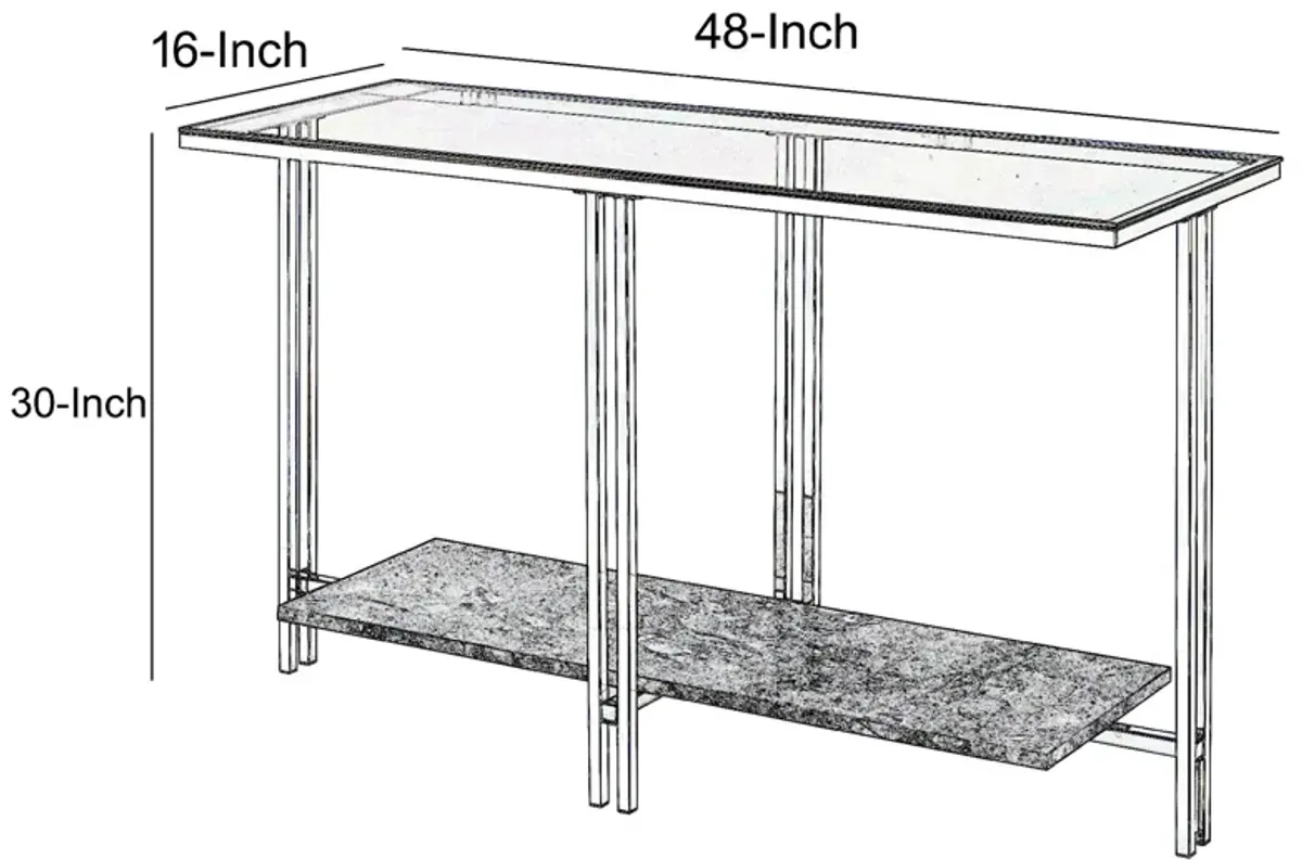 Glass Top Metal Sofa Table with Marble Bottom shelf, Silver and Clear-Benzara