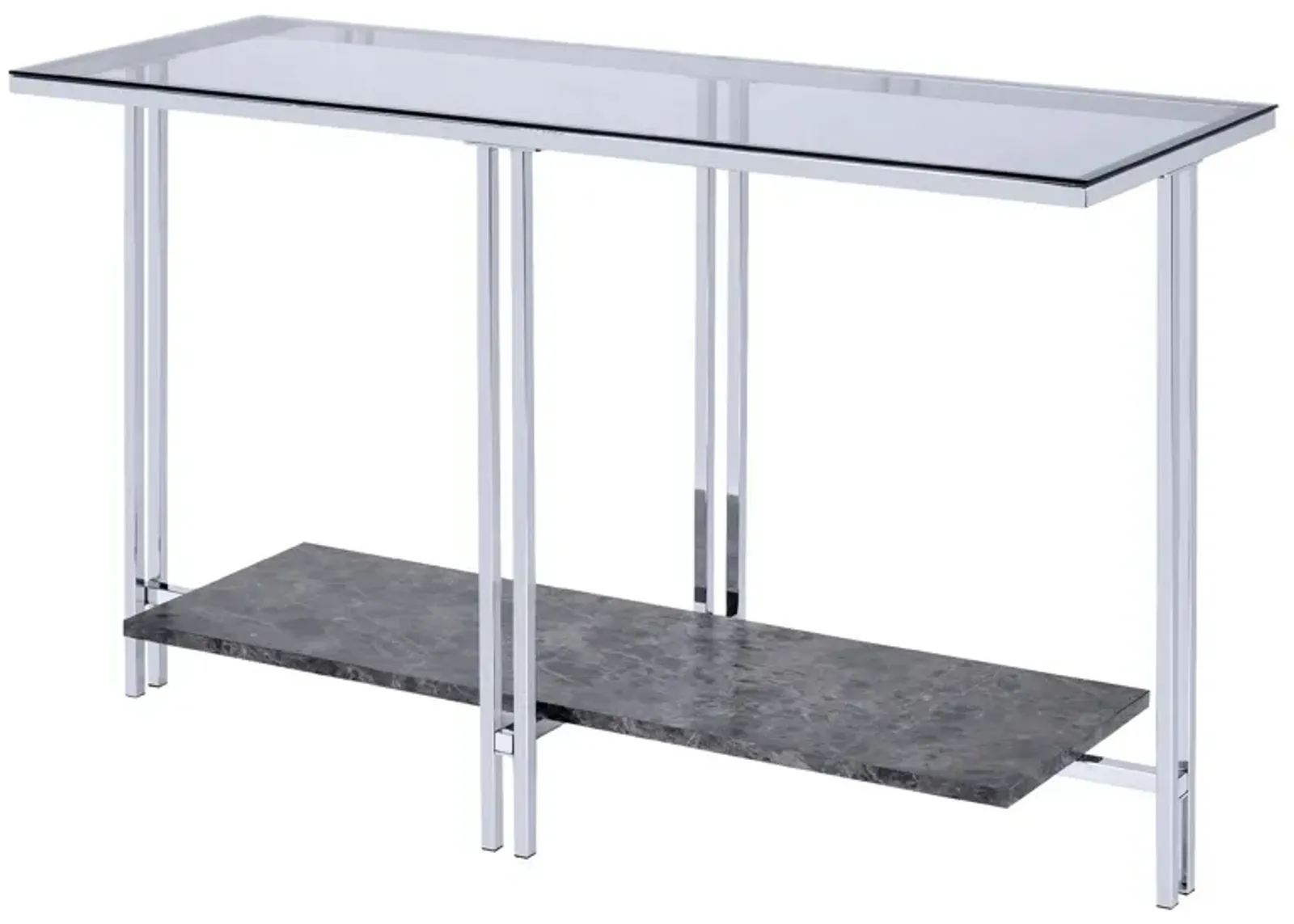 Glass Top Metal Sofa Table with Marble Bottom shelf, Silver and Clear-Benzara