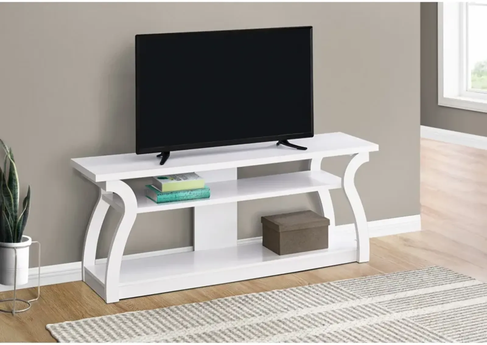 Monarch Specialties I 2665 Tv Stand, 60 Inch, Console, Media Entertainment Center, Storage Shelves, Living Room, Bedroom, Laminate, White, Contemporary, Modern