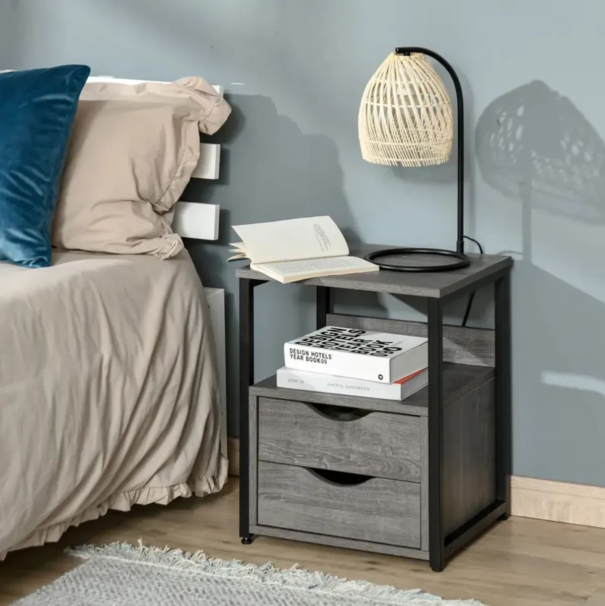 Cool Grey Side Table: Sleek Industrial Bedside Companion with Storage