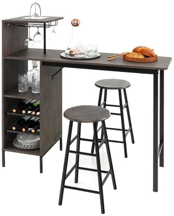 3 Piece Bar Table and Chairs Set with 6-Bottle Wine Rack-Brown