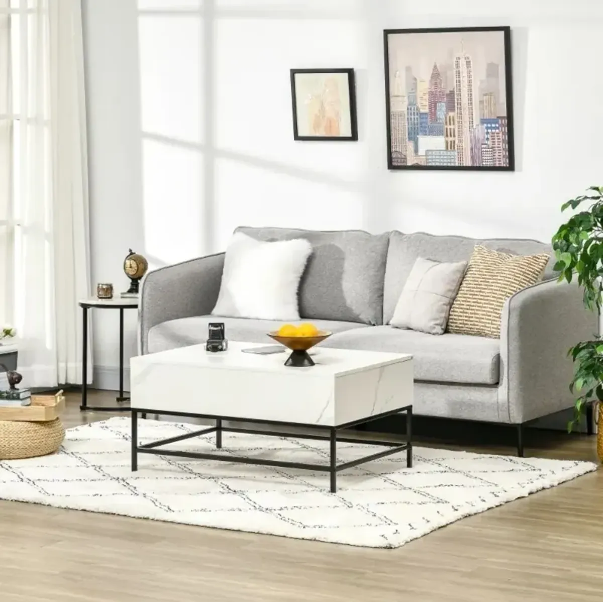 Hivvago Modern White Lift Top Coffee Table w/ Hidden Storage Black Metal Legs