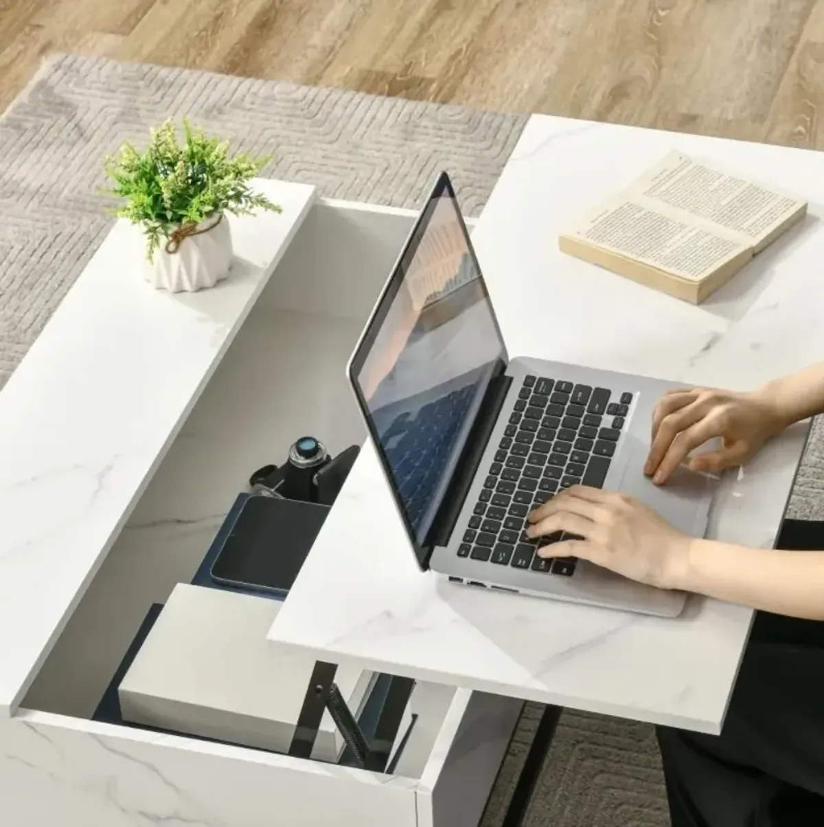 Hivvago Modern White Lift Top Coffee Table w/ Hidden Storage Black Metal Legs