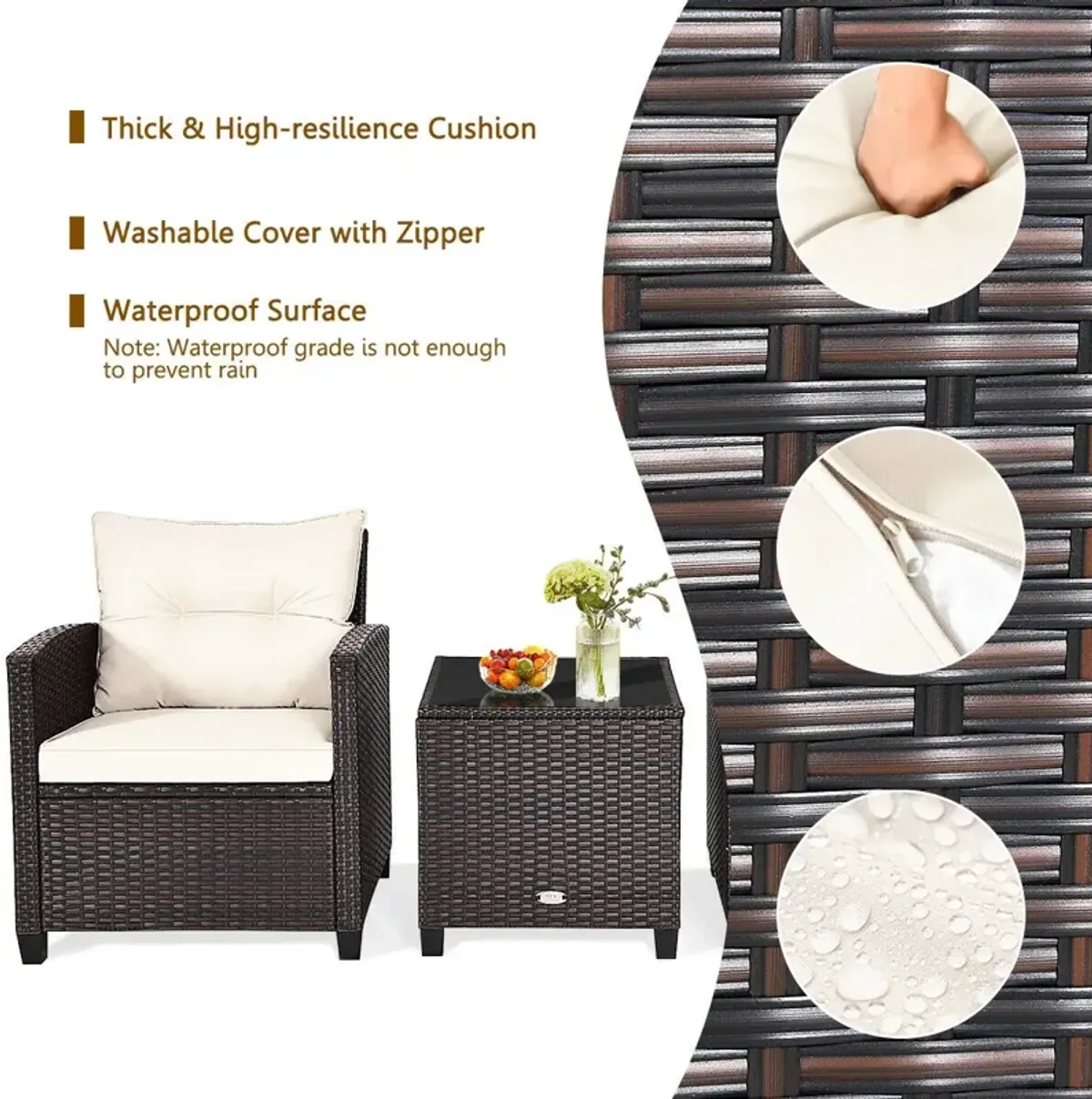 3 Pcs Patio Rattan Furniture Set Cushioned Conversation Set Coffee Table