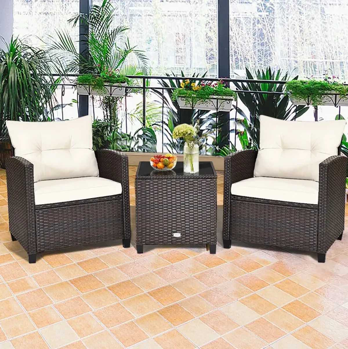 3 Pcs Patio Rattan Furniture Set Cushioned Conversation Set Coffee Table