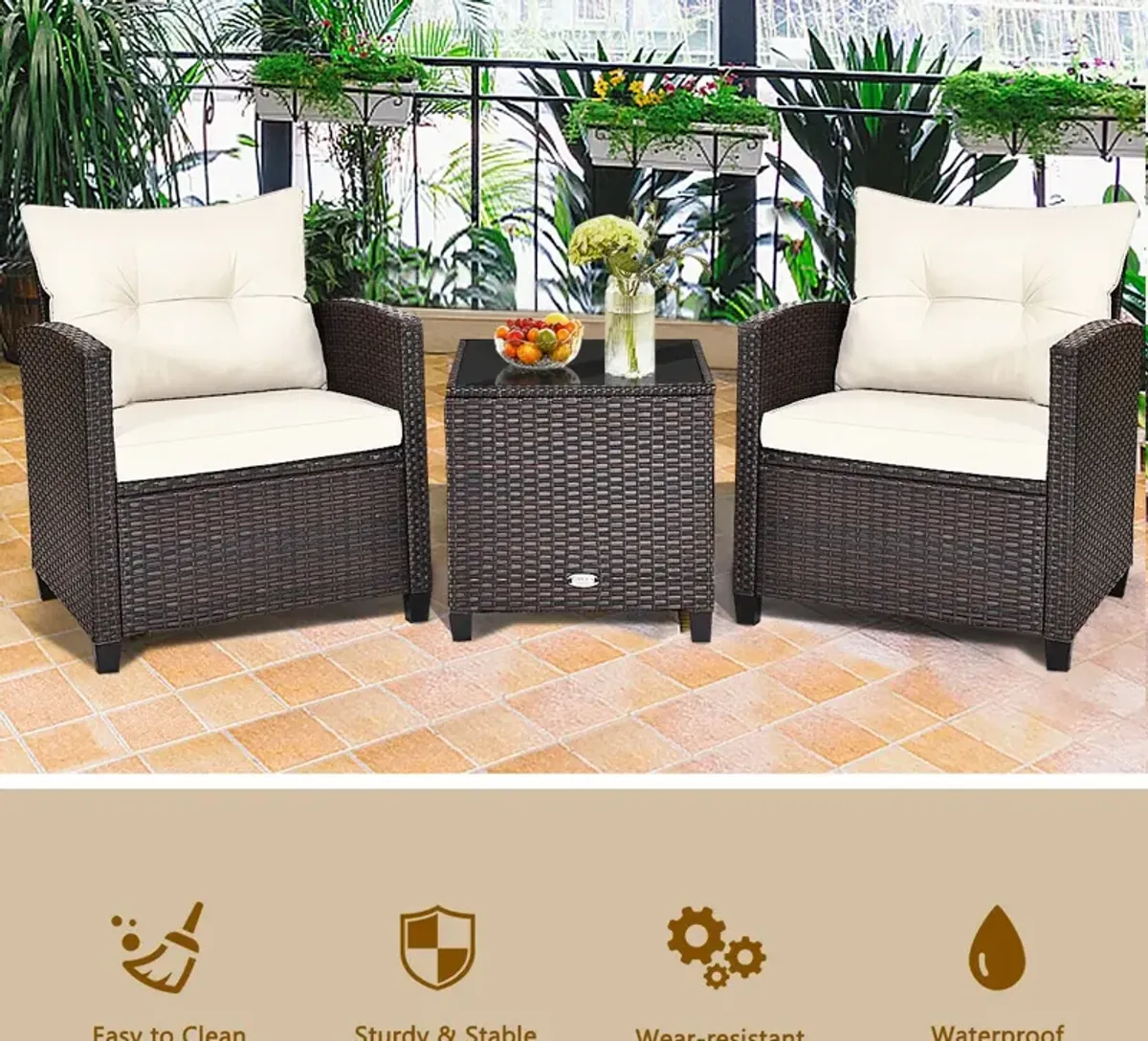 3 Pcs Patio Rattan Furniture Set Cushioned Conversation Set Coffee Table