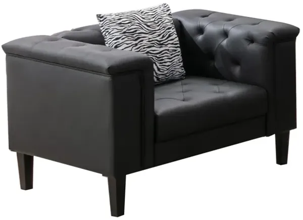 Ella 44 Inch Accent Chair with Pillow, Button Tufted Black Faux Leather-Benzara