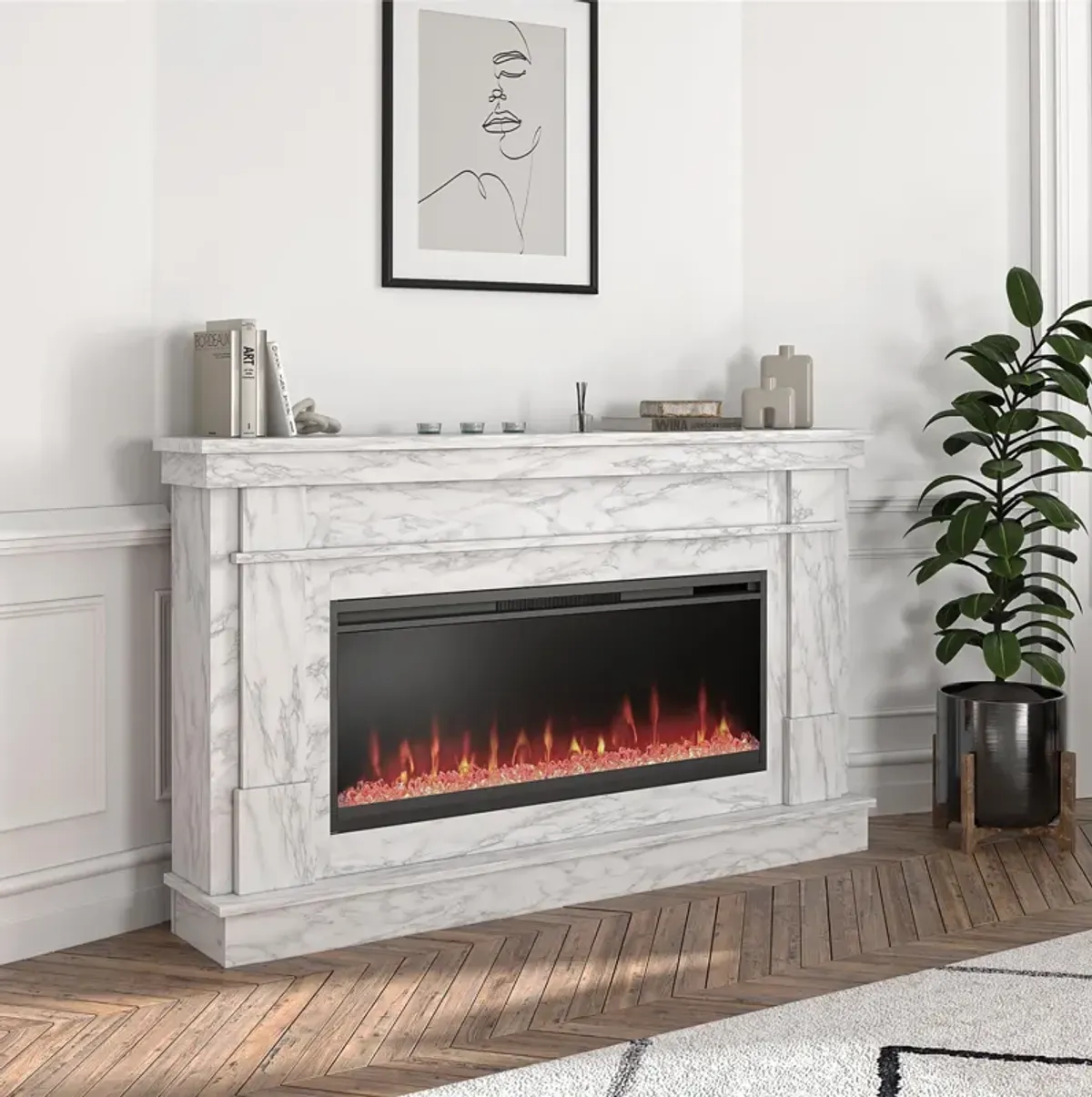 Novogratz Waverly Wide Mantel with Linear Electric Fireplace & Crystal Ember Bed