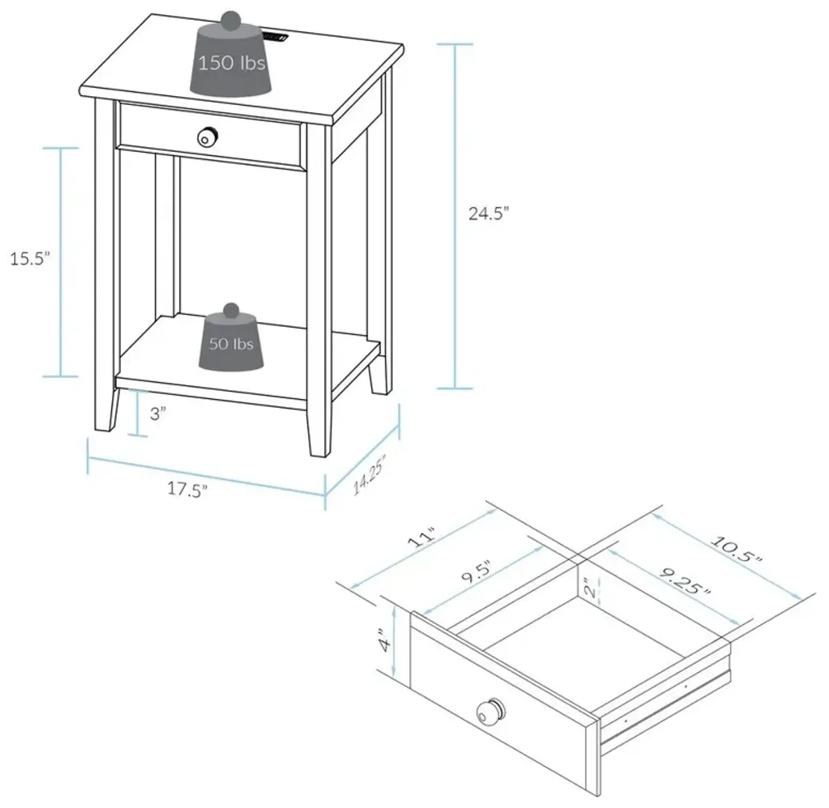 Night Owl Nightstand with USB Port-White