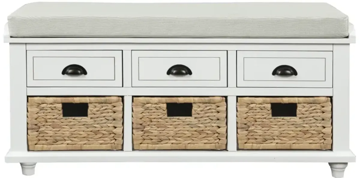 Rustic Storage Bench With 3 Drawers And 3 Rattan Baskets, Shoe Bench For Living Room