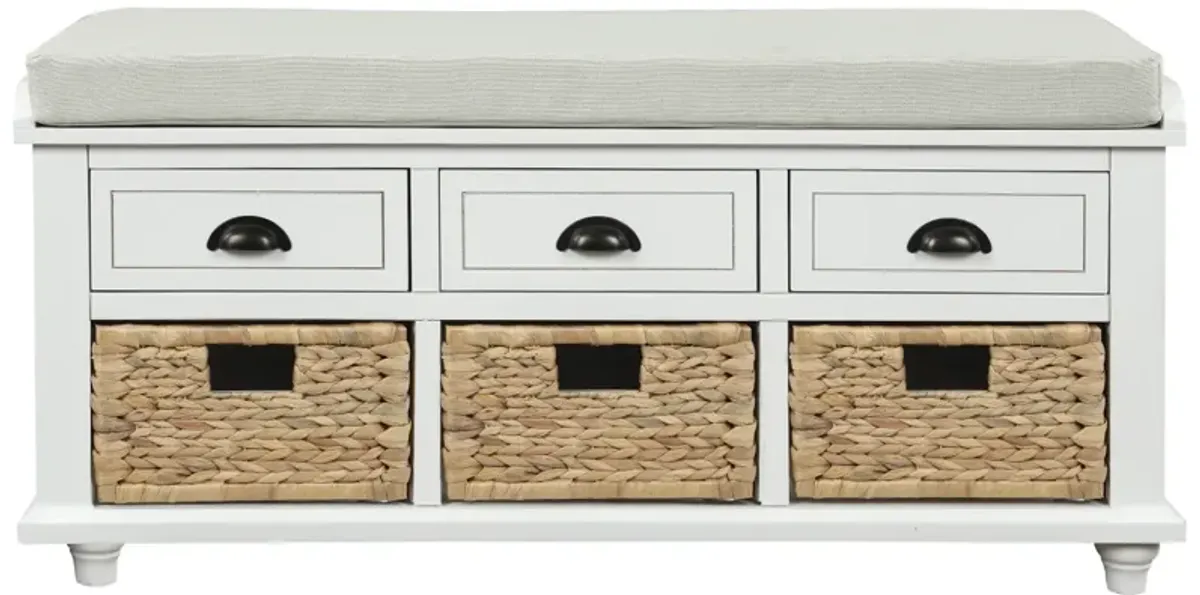 Rustic Storage Bench With 3 Drawers And 3 Rattan Baskets, Shoe Bench For Living Room