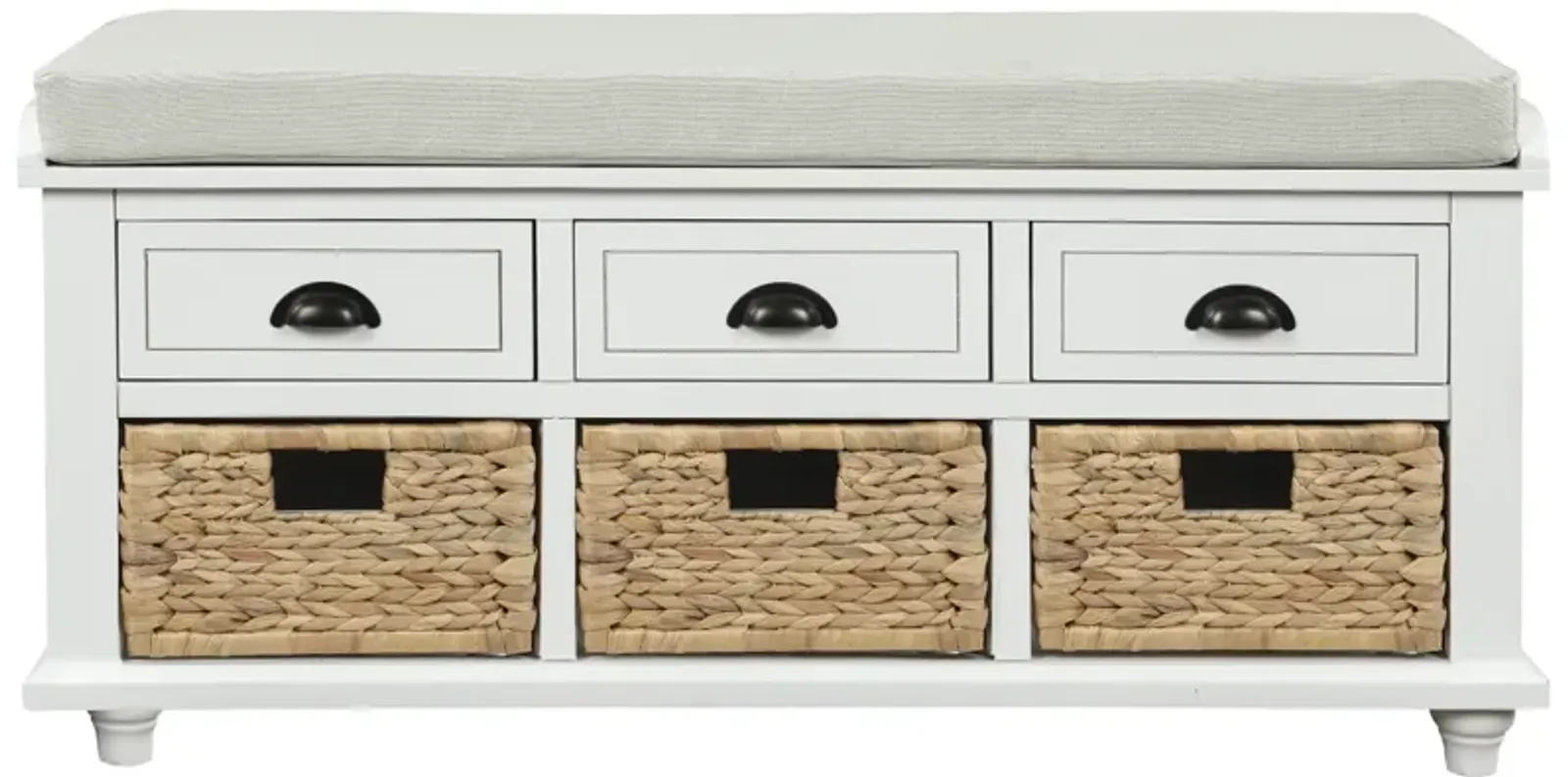 Rustic Storage Bench With 3 Drawers And 3 Rattan Baskets, Shoe Bench For Living Room