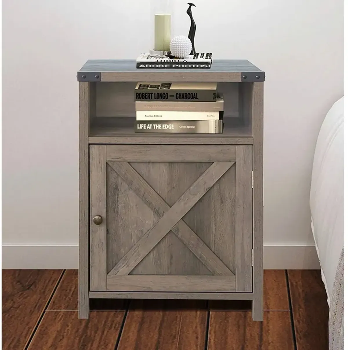 Hivvago Farmhouse Style End Table Barn Door Nightstand with Open Shelf in Rustic Oak