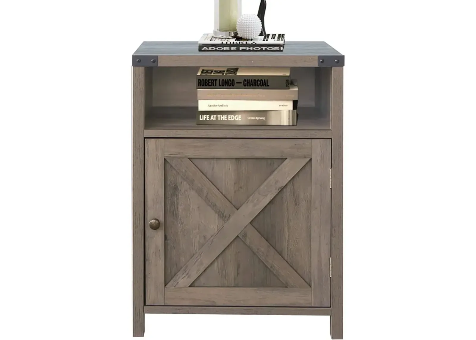 Hivvago Farmhouse Style End Table Barn Door Nightstand with Open Shelf in Rustic Oak