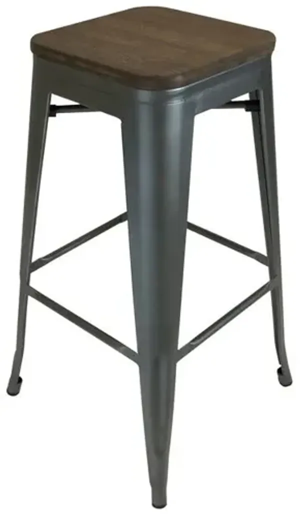 Metal Stool, 26", Gun Metal W/ Wood Seat, Set Of 4