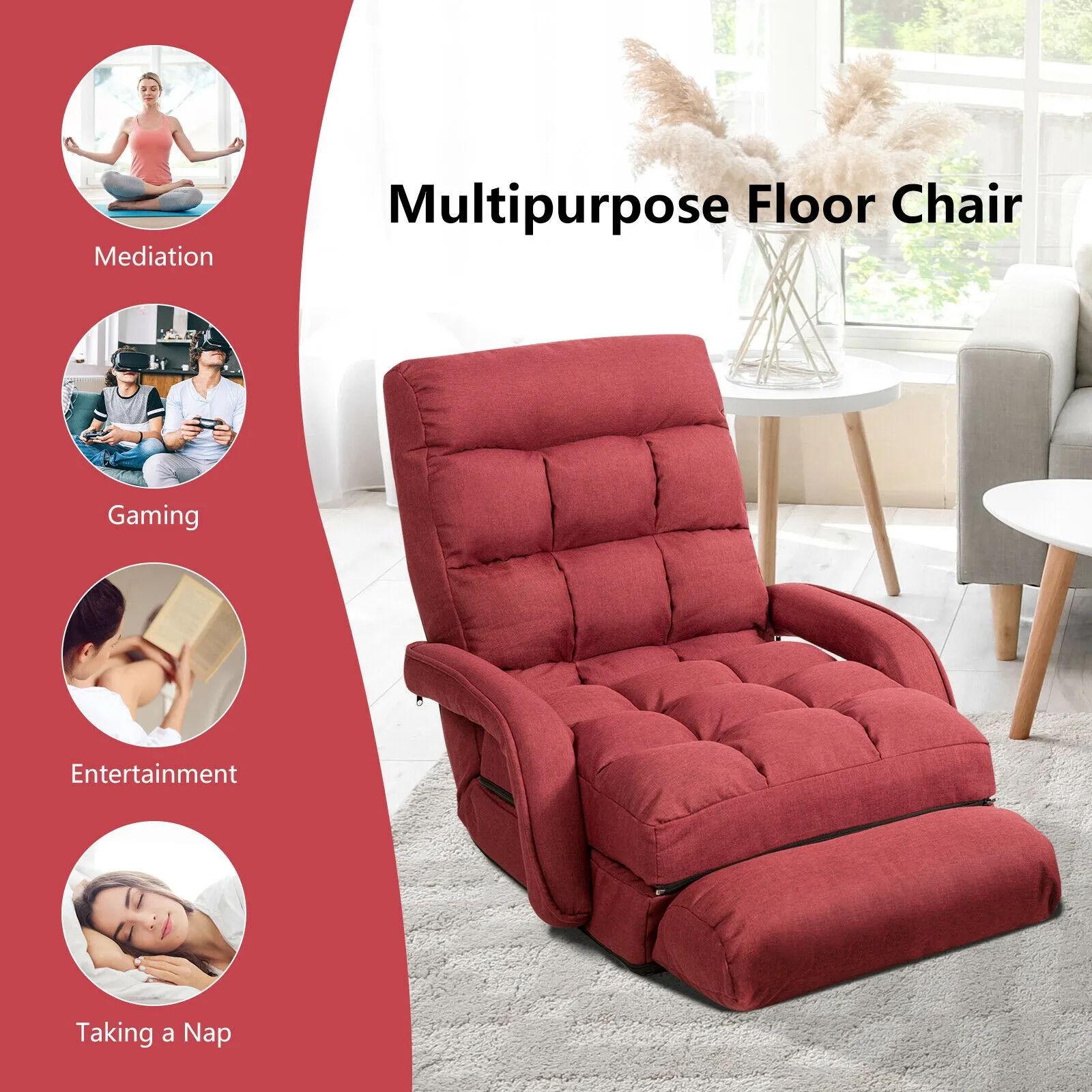 Folding Lazy Floor Chair Sofa with Armrests and Pillow