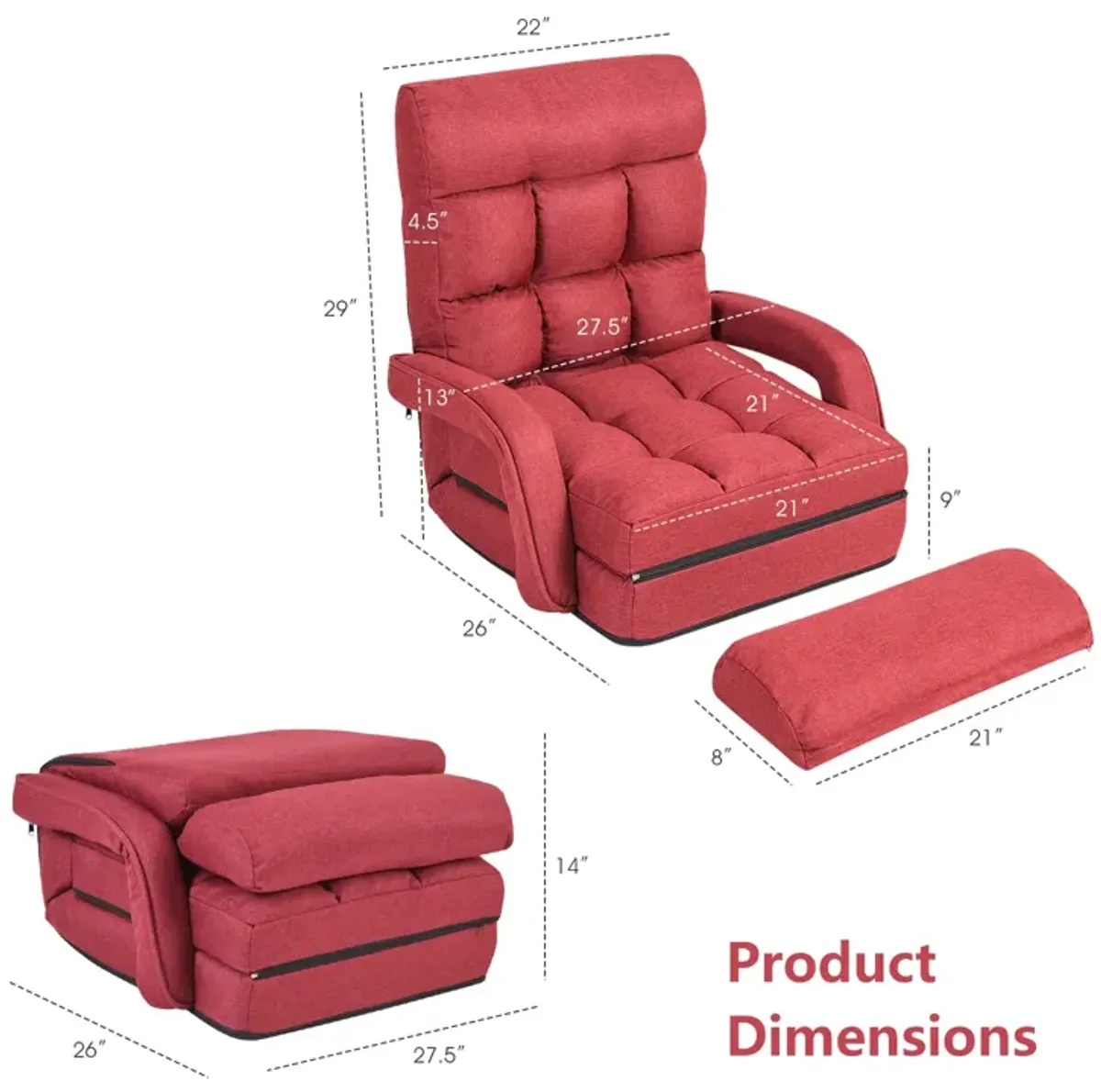 Folding Lazy Floor Chair Sofa with Armrests and Pillow