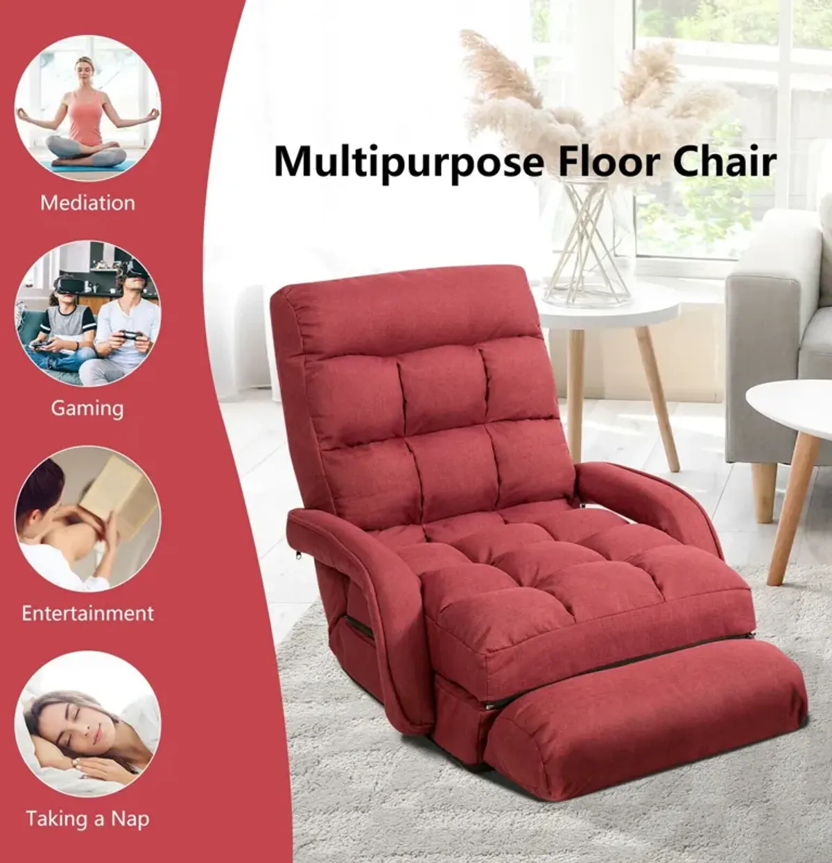 Folding Lazy Floor Chair Sofa with Armrests and Pillow