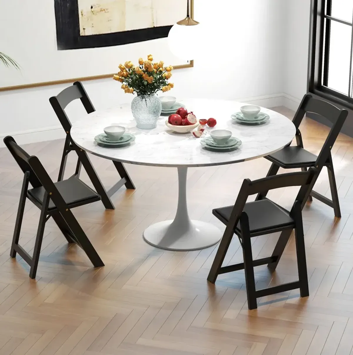 Set of 4 Dining Chairs Foldable Kitchen Chair with Rubber Wood Legs and Padded Seat