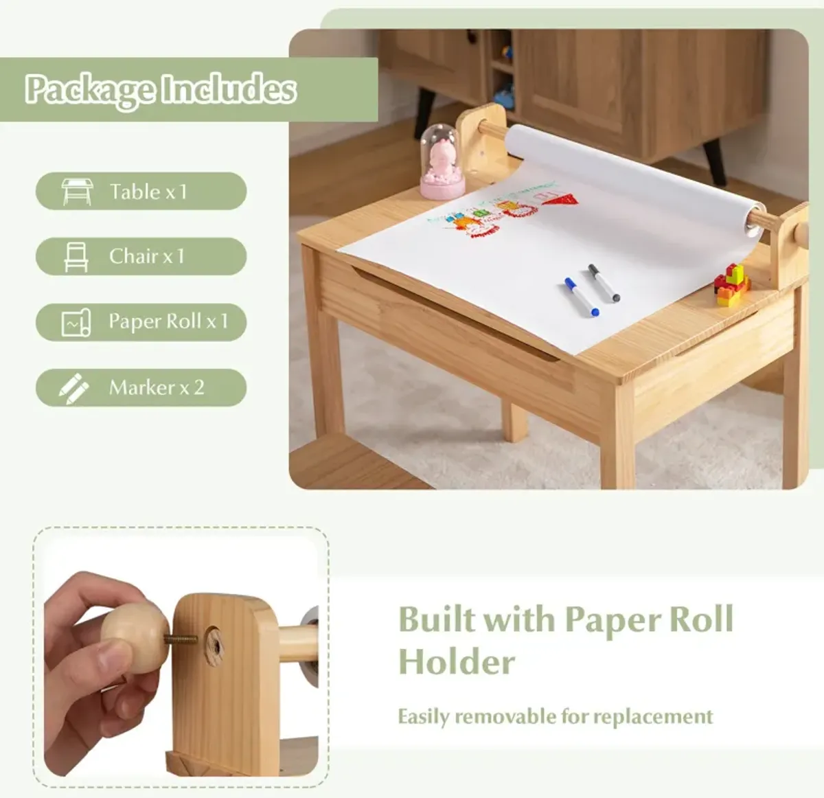 Toddler Multifunctional Activity Table and Chair Set with Paper Roll Holder-Natural