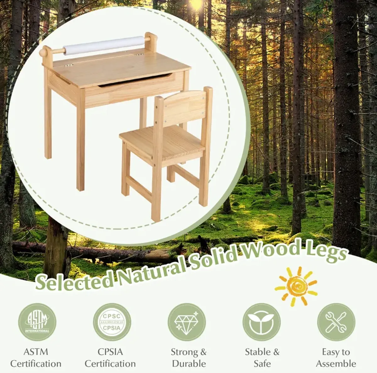 Toddler Multifunctional Activity Table and Chair Set with Paper Roll Holder-Natural