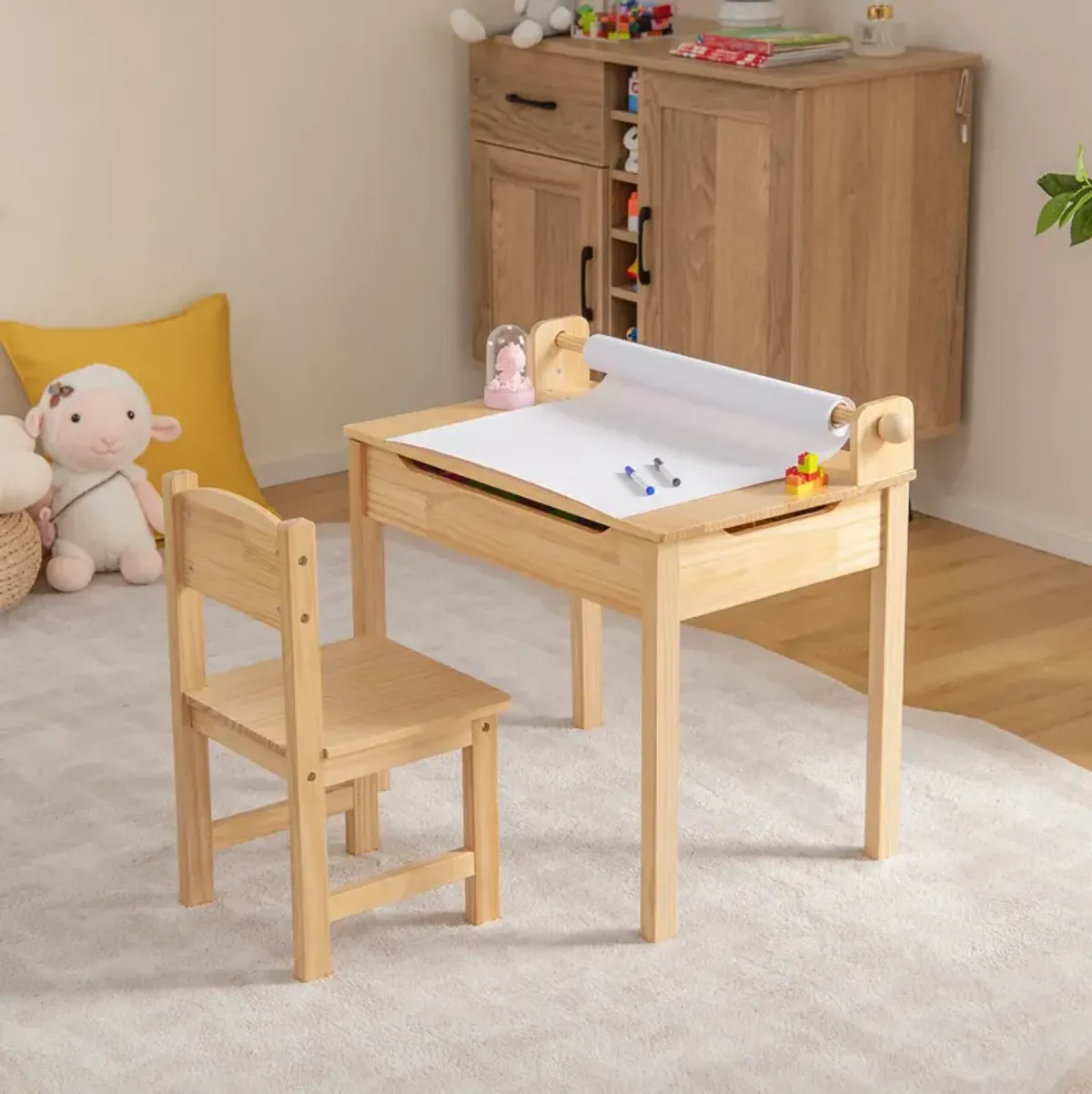 Toddler Multifunctional Activity Table and Chair Set with Paper Roll Holder-Natural