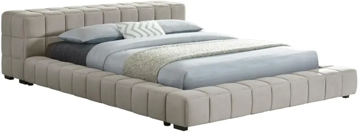 Jimo Full Platform Bed, Grid Tufted Frame, Taupe Brown Upholstery - Benzara