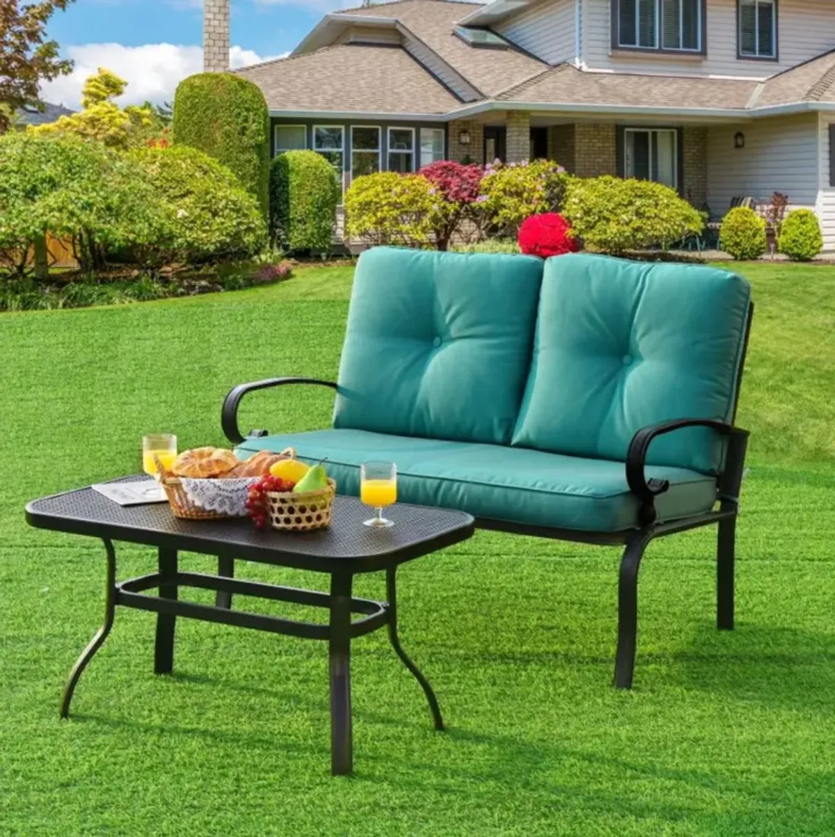 Hivvago 2 Pieces Patio Loveseat Bench Table Furniture Set with Cushioned Chair