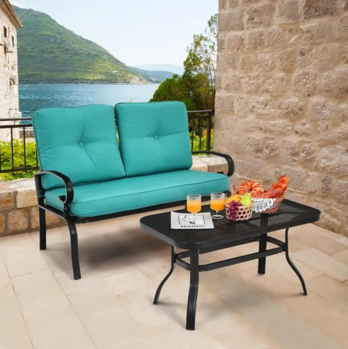 Hivvago 2 Pieces Patio Loveseat Bench Table Furniture Set with Cushioned Chair