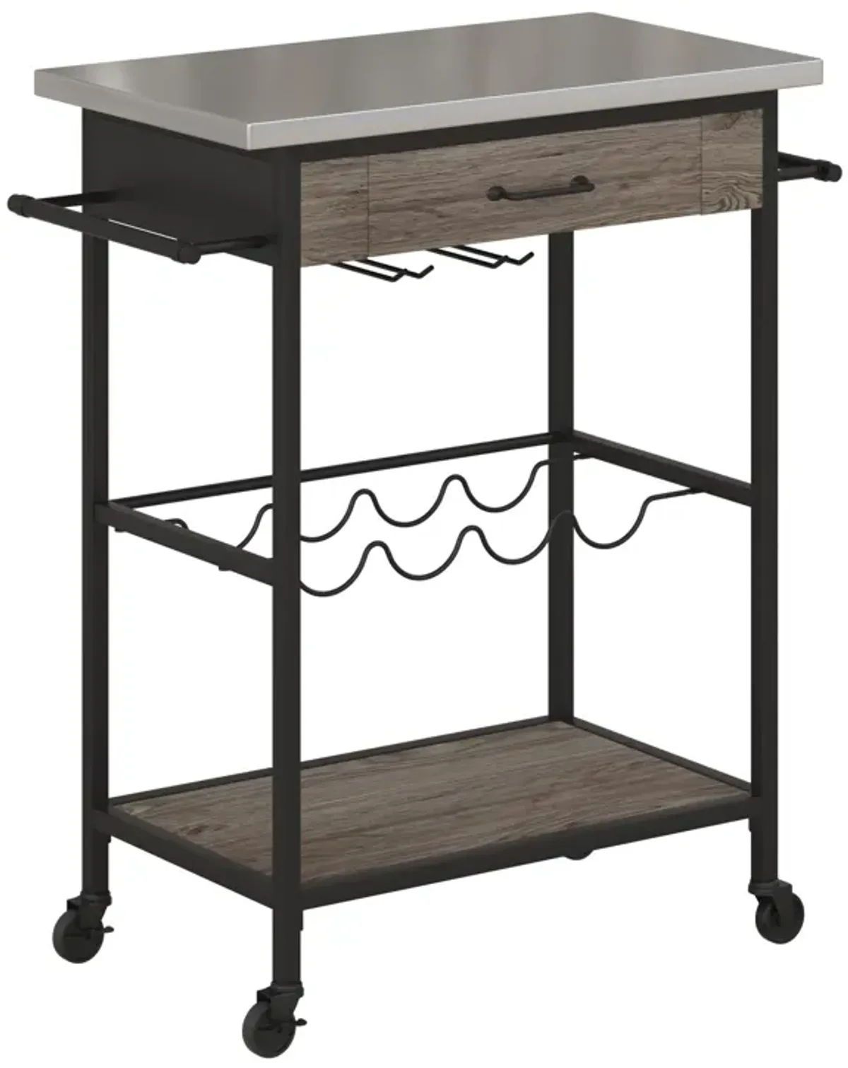 Nora Multi-functional Kitchen Cart with Wine Rack and Storage, Stainless Steel Top and Brown