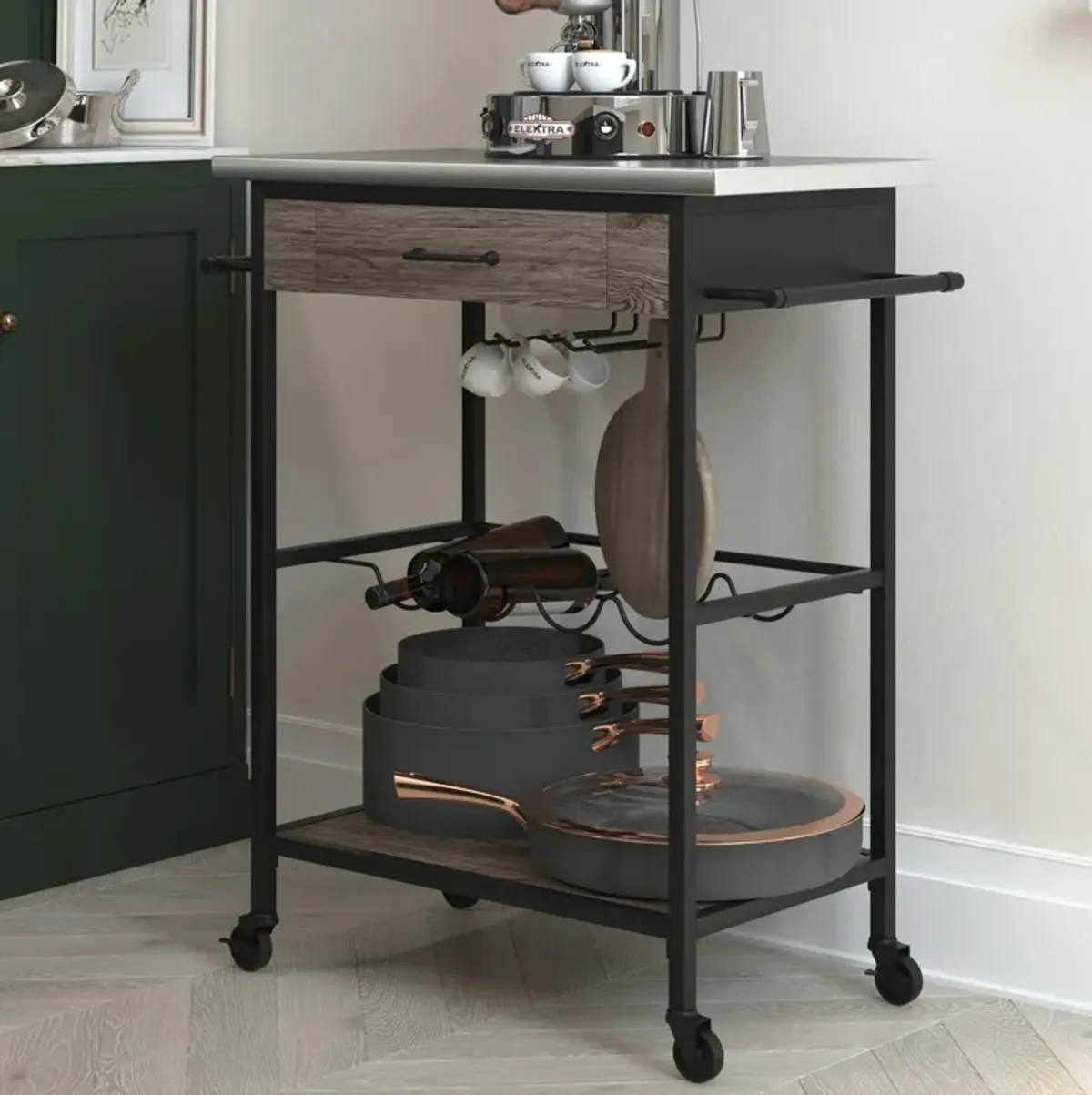 Nora Multi-functional Kitchen Cart with Wine Rack and Storage, Stainless Steel Top and Brown