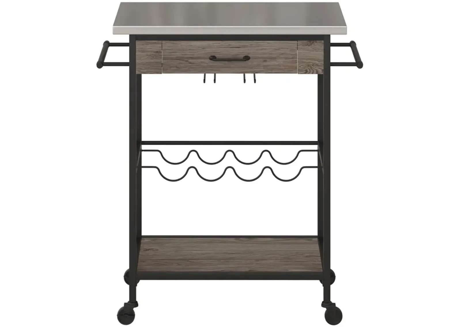 Nora Multi-functional Kitchen Cart with Wine Rack and Storage, Stainless Steel Top and Brown