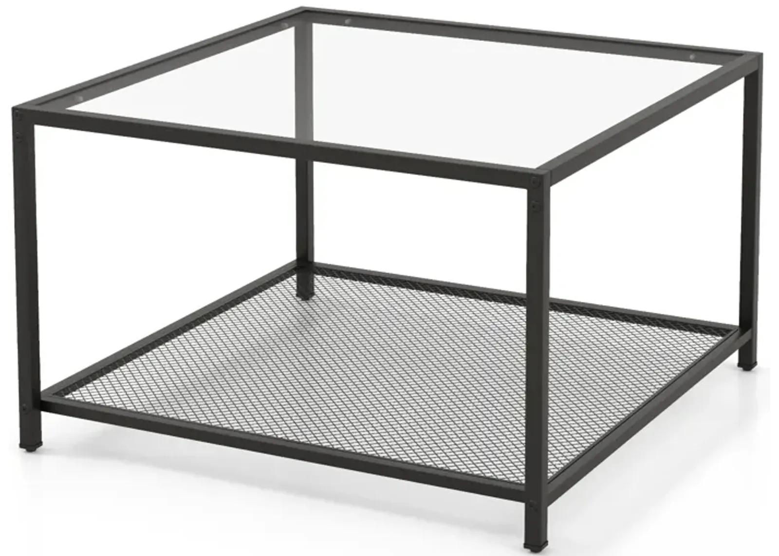 Modern 2-Tier Square Glass Coffee Table with Mesh Shelf