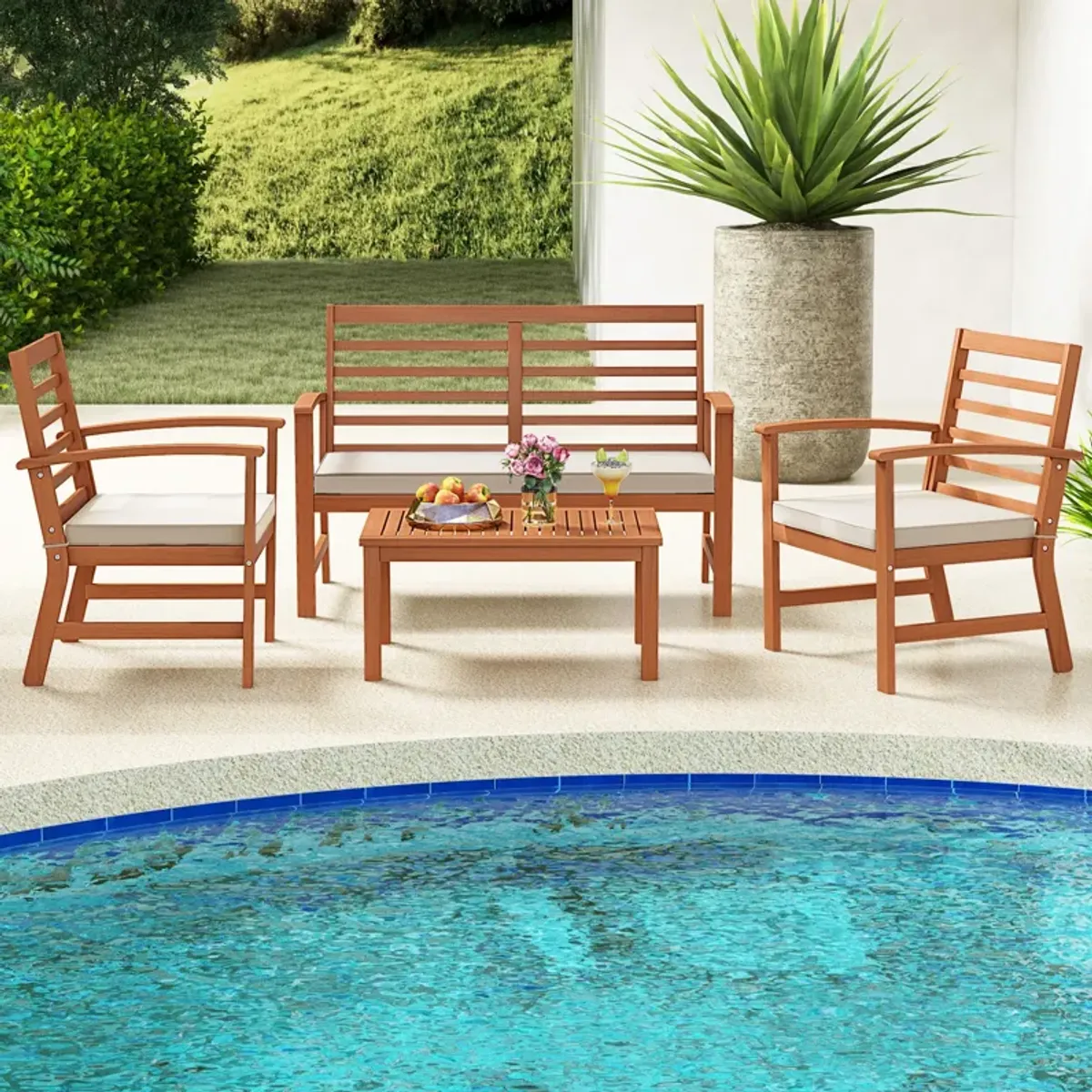 4 Pieces Outdoor Furniture Set with Stable Acacia Wood Frame