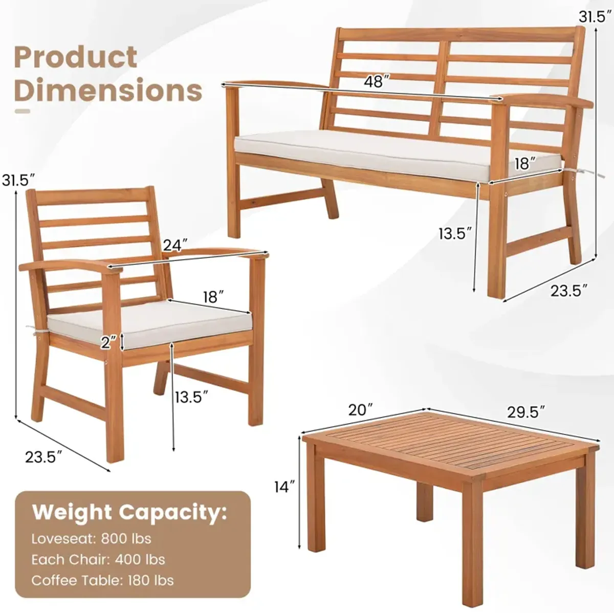 4 Pieces Outdoor Furniture Set with Stable Acacia Wood Frame