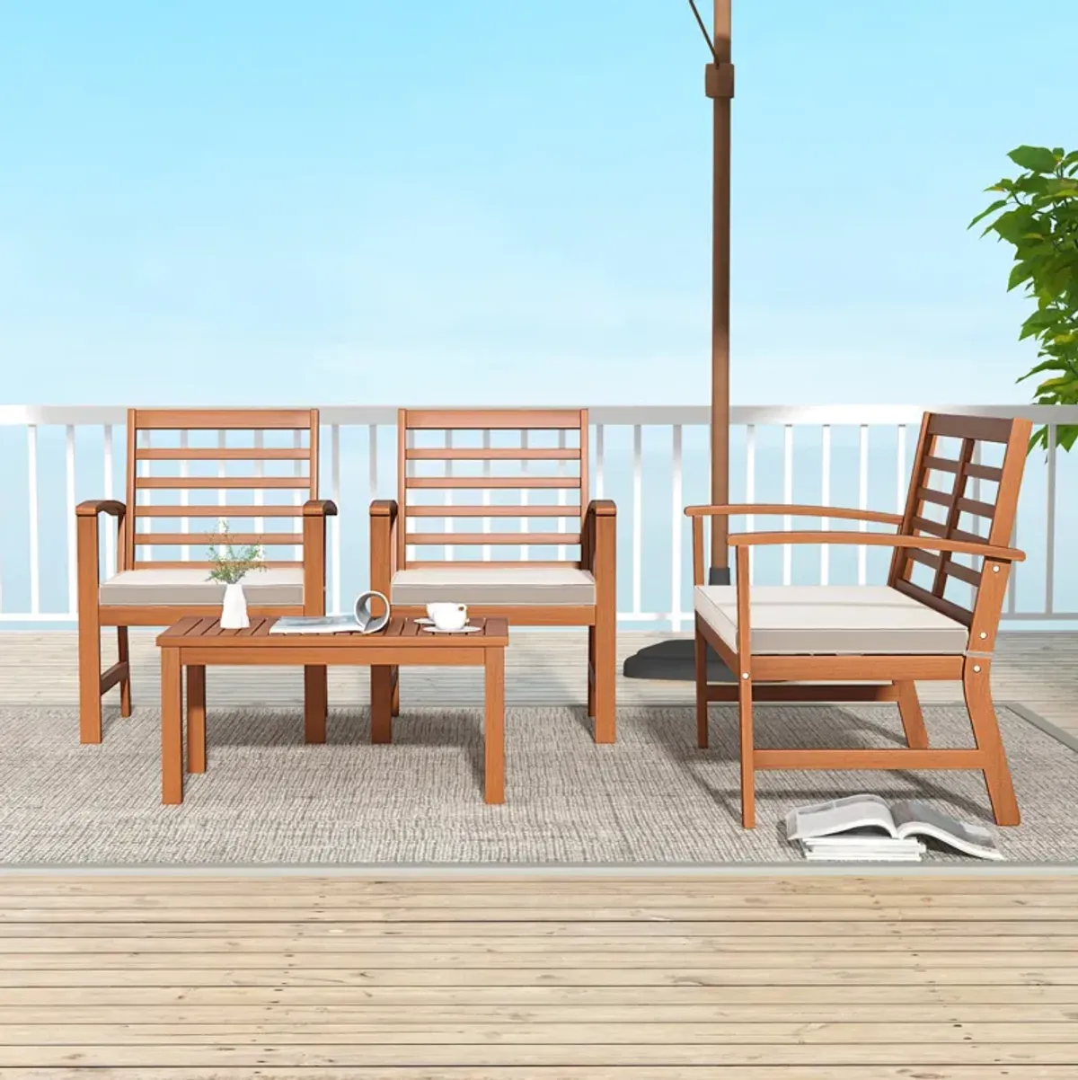 4 Pieces Outdoor Furniture Set with Stable Acacia Wood Frame