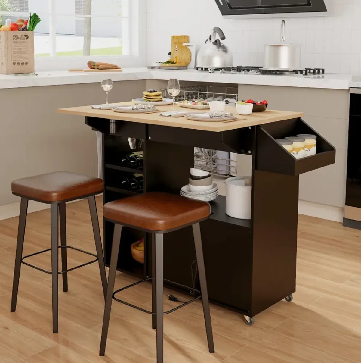 Drop Leaf Mobile Kitchen Island Cart with Power Outlet and Adjustable Shelf-Black and Natural