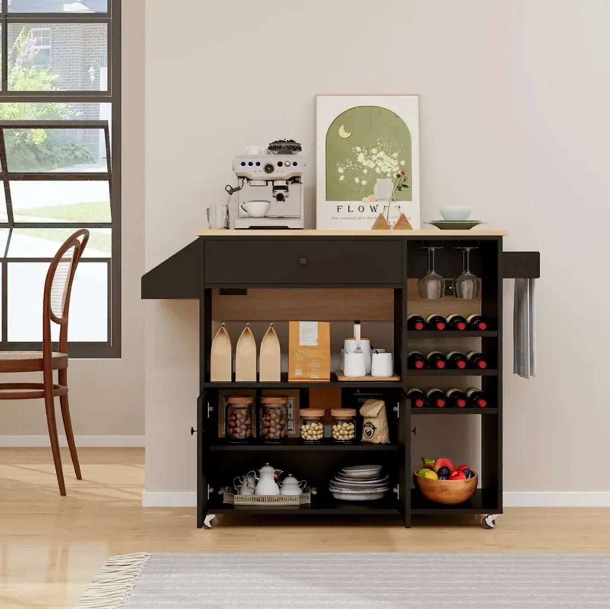 Drop Leaf Mobile Kitchen Island Cart with Power Outlet and Adjustable Shelf-Black and Natural