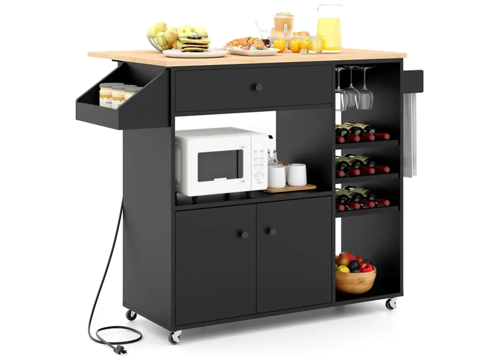 Drop Leaf Mobile Kitchen Island Cart with Power Outlet and Adjustable Shelf-Black and Natural