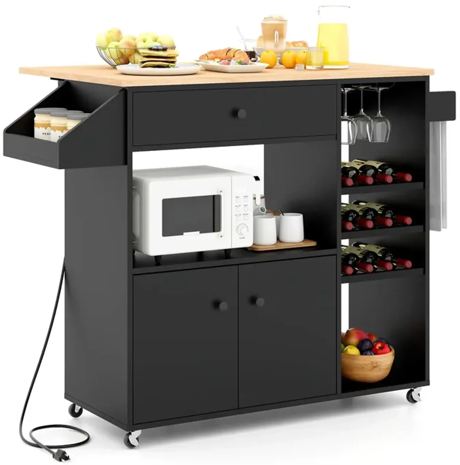 Drop Leaf Mobile Kitchen Island Cart with Power Outlet and Adjustable Shelf-Black and Natural