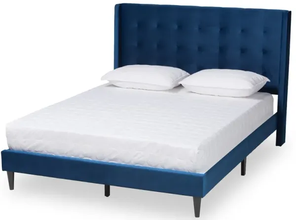 Baxton Studio Gothard Modern and Contemporary Navy Blue Velvet Fabric Upholstered and Dark Brown Finished Wood Queen Size Platform Bed