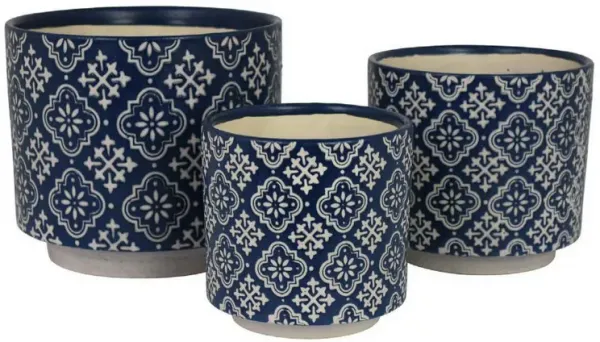 Modern Planter Set of 3, Vintage Floral Motifs, White Blue Ceramic - Benzara