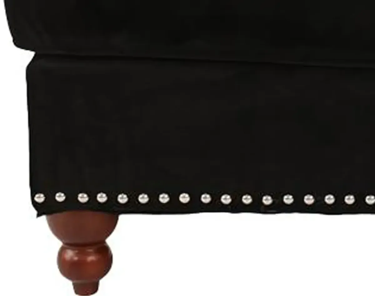 Fabric Ottoman with Nailhead Trim and Turned Feet, Black - Benzara